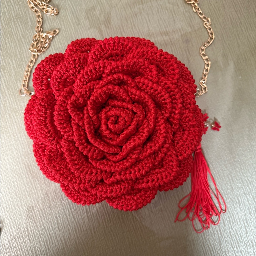 Red Crochet Floral Crossbody Bag - Unbranded